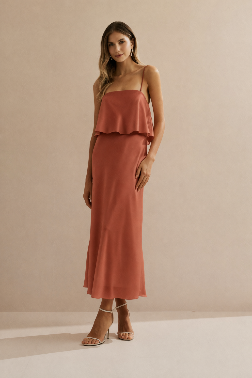 strapless open back dress Cami midi slip dress in high shine satin in orange – Lua Boutique