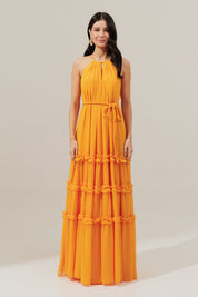 Vestido Longo Alça Fina Ajustável e Saia com Babados - Doha Amarelo Manga