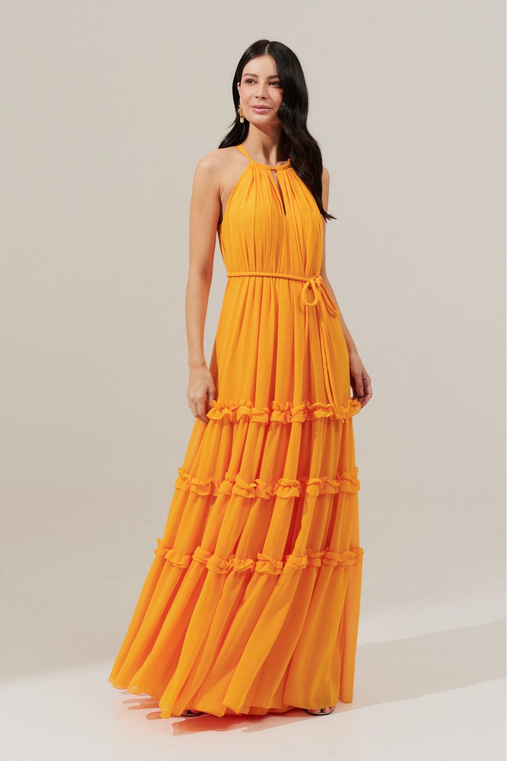 Vestido Longo Alça Fina Ajustável e Saia com Babados - Doha Amarelo Manga