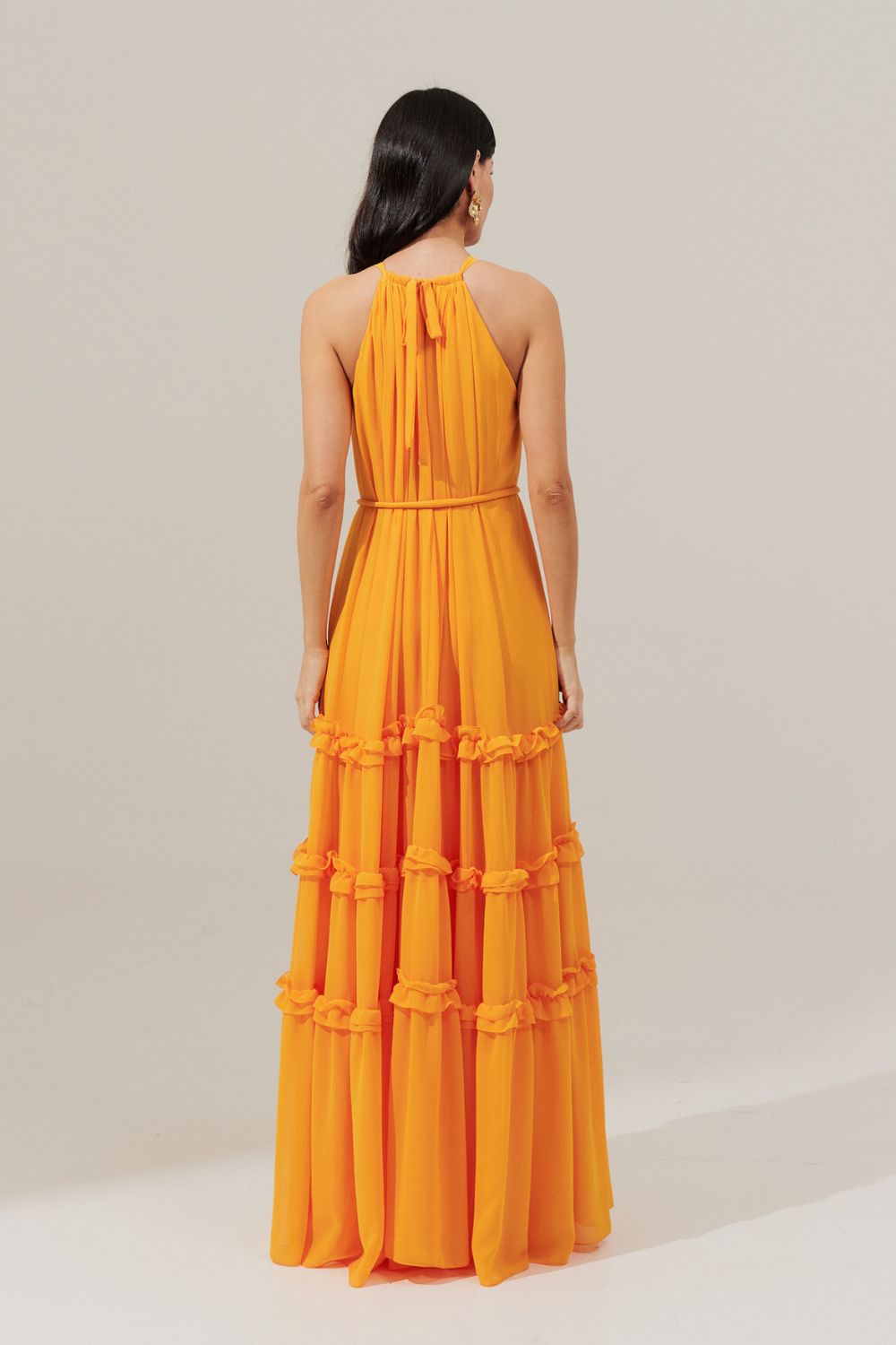 Vestido Longo Alça Fina Ajustável e Saia com Babados - Doha Amarelo Manga
