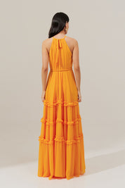 Vestido Longo Alça Fina Ajustável e Saia com Babados - Doha Amarelo Manga
