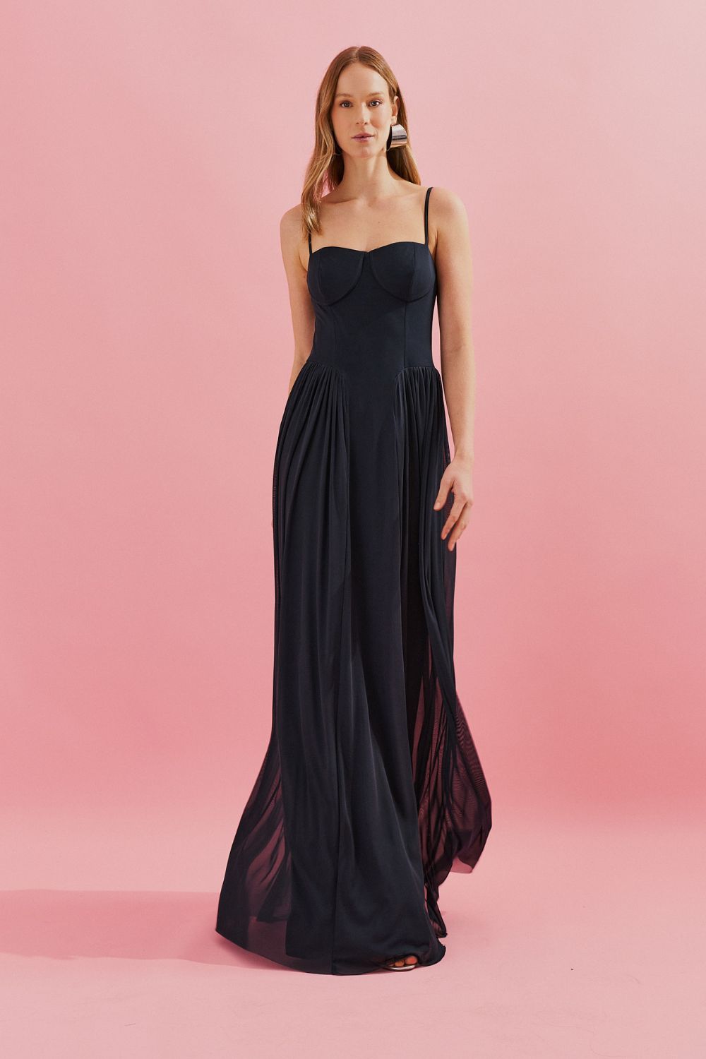 Vestido Longo, Busto Demarcado e Saia Franzida - Calgari Azul Marinho
