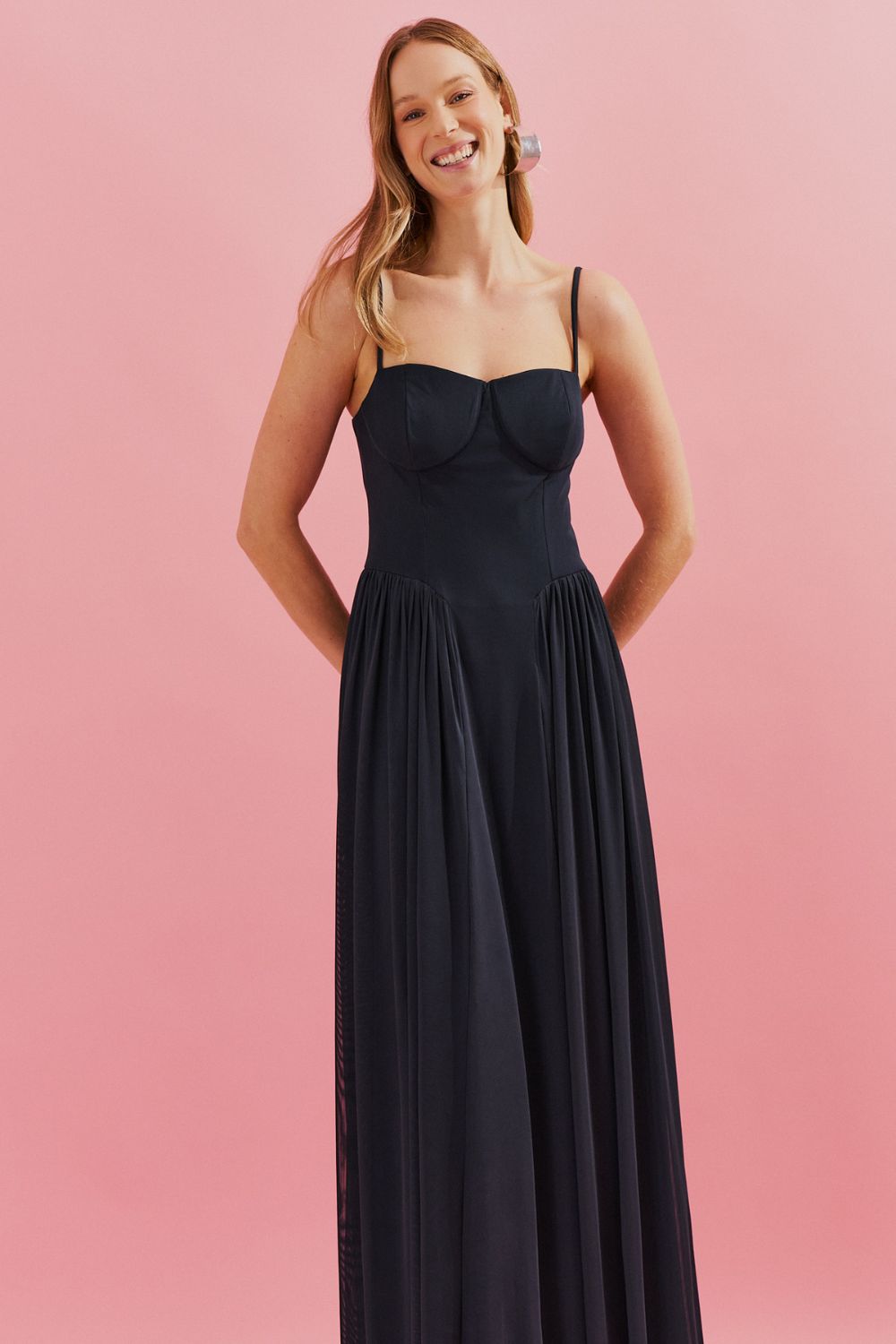 Vestido Longo, Busto Demarcado e Saia Franzida - Calgari Azul Marinho