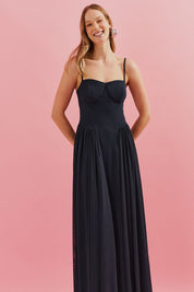 Vestido Longo, Busto Demarcado e Saia Franzida - Calgari Azul Marinho