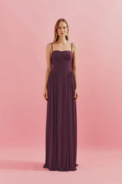 Vestido Longo em Tule com Busto Estruturado e Saia Drapeada - Calgari Roxo Berinjela