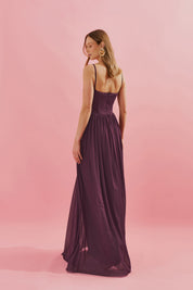 Vestido Longo em Tule com Busto Estruturado e Saia Drapeada - Calgari Roxo Berinjela