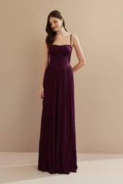 Vestido Longo em Tule com Busto Estruturado e Saia Drapeada - Calgari Roxo Berinjela