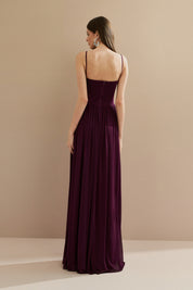Vestido Longo em Tule com Busto Estruturado e Saia Drapeada - Calgari Roxo Berinjela