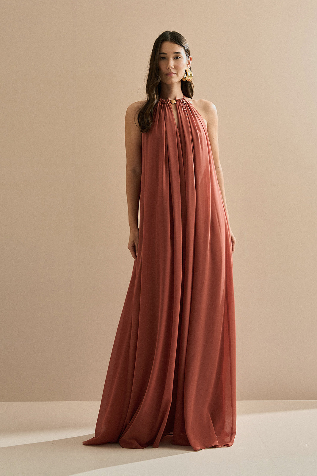 Vestido Longo com Alça Fina Ajustável - Adélia Terracota