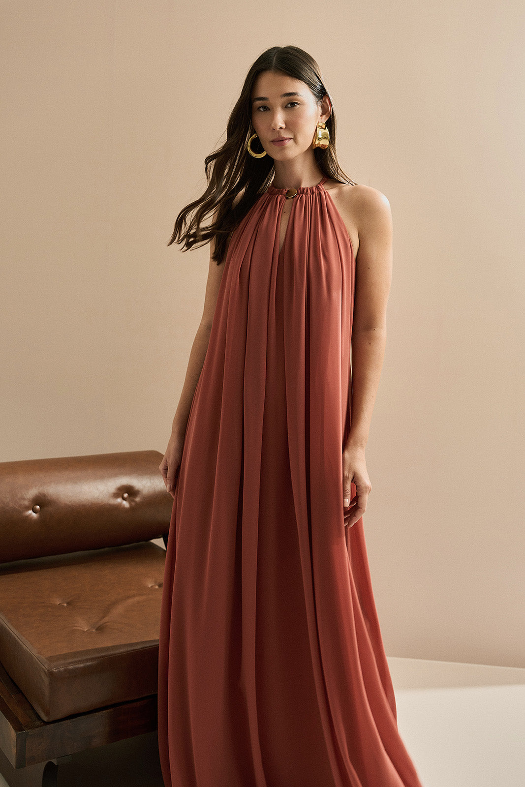 Vestido Longo com Alça Fina Ajustável - Adélia Terracota