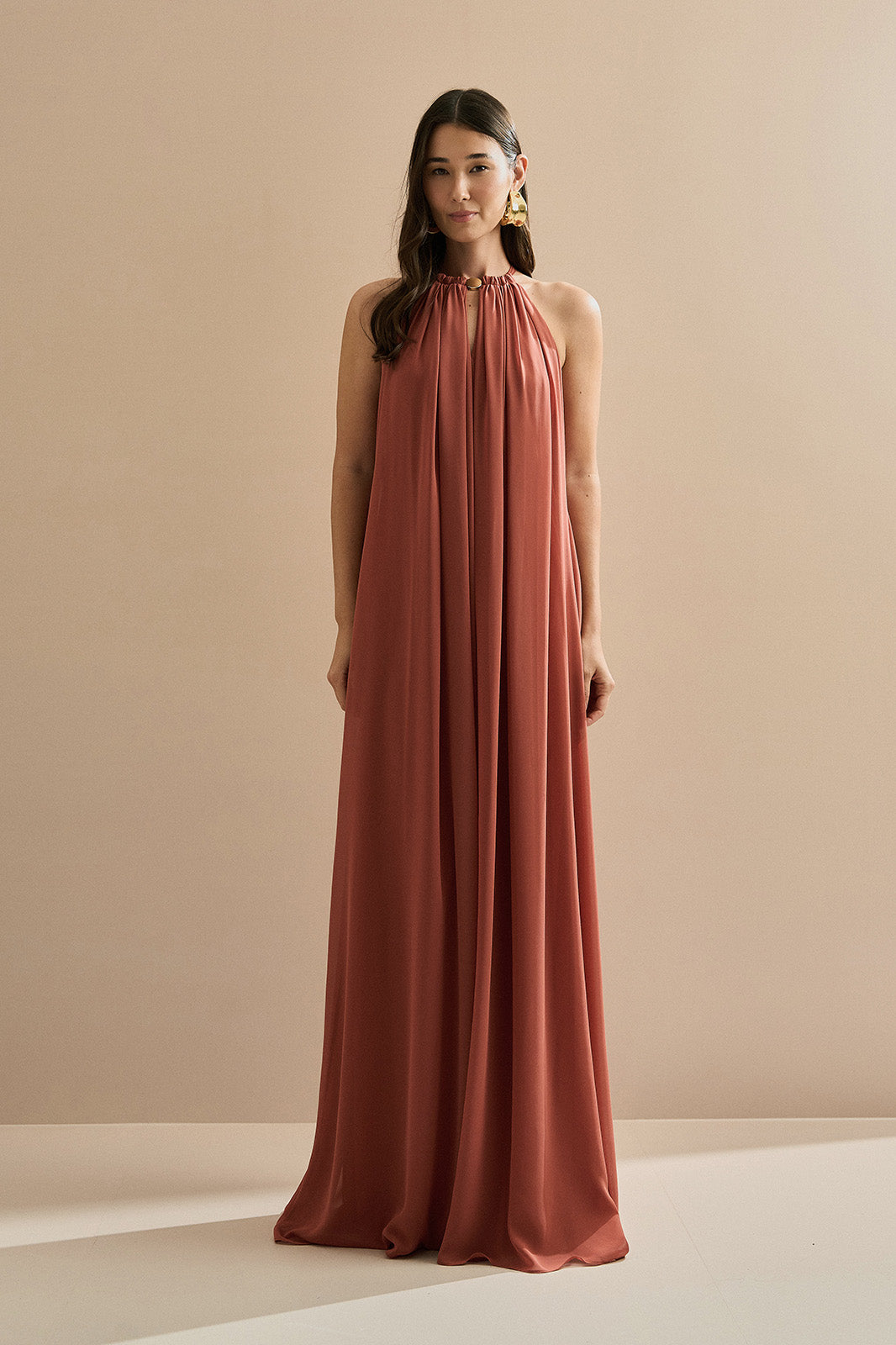 Vestido Longo com Alça Fina Ajustável - Adélia Terracota