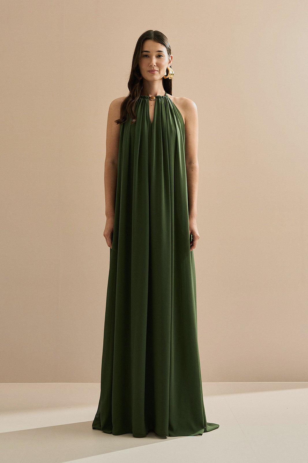 Vestido Longo com Alça Fina Ajustável - Adélia Verde Oliva