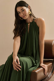 Vestido Longo com Alça Fina Ajustável - Adélia Verde Oliva