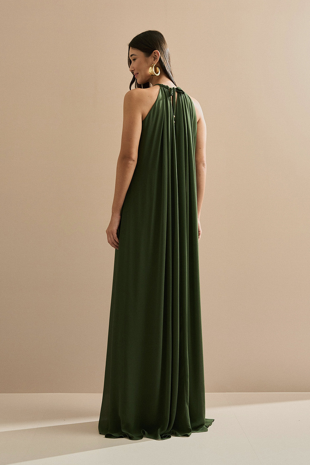 Vestido Longo com Alça Fina Ajustável - Adélia Verde Oliva