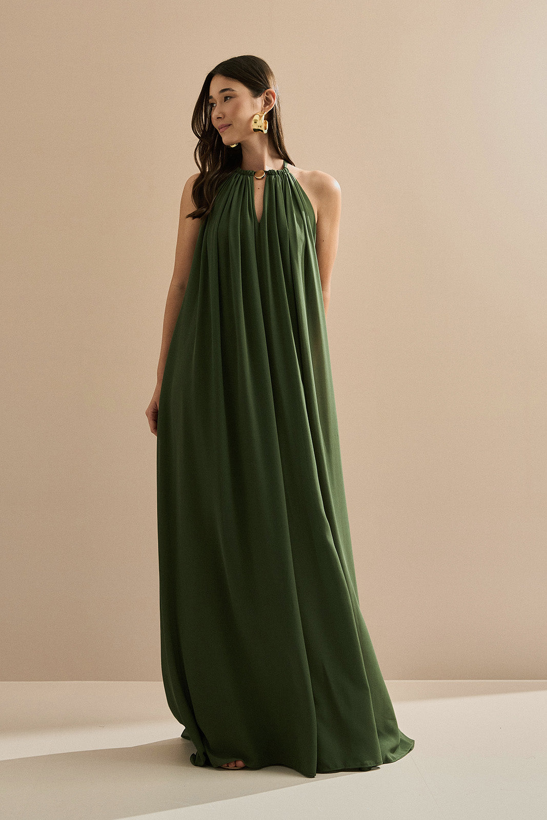 Vestido Longo com Alça Fina Ajustável - Adélia Verde Oliva