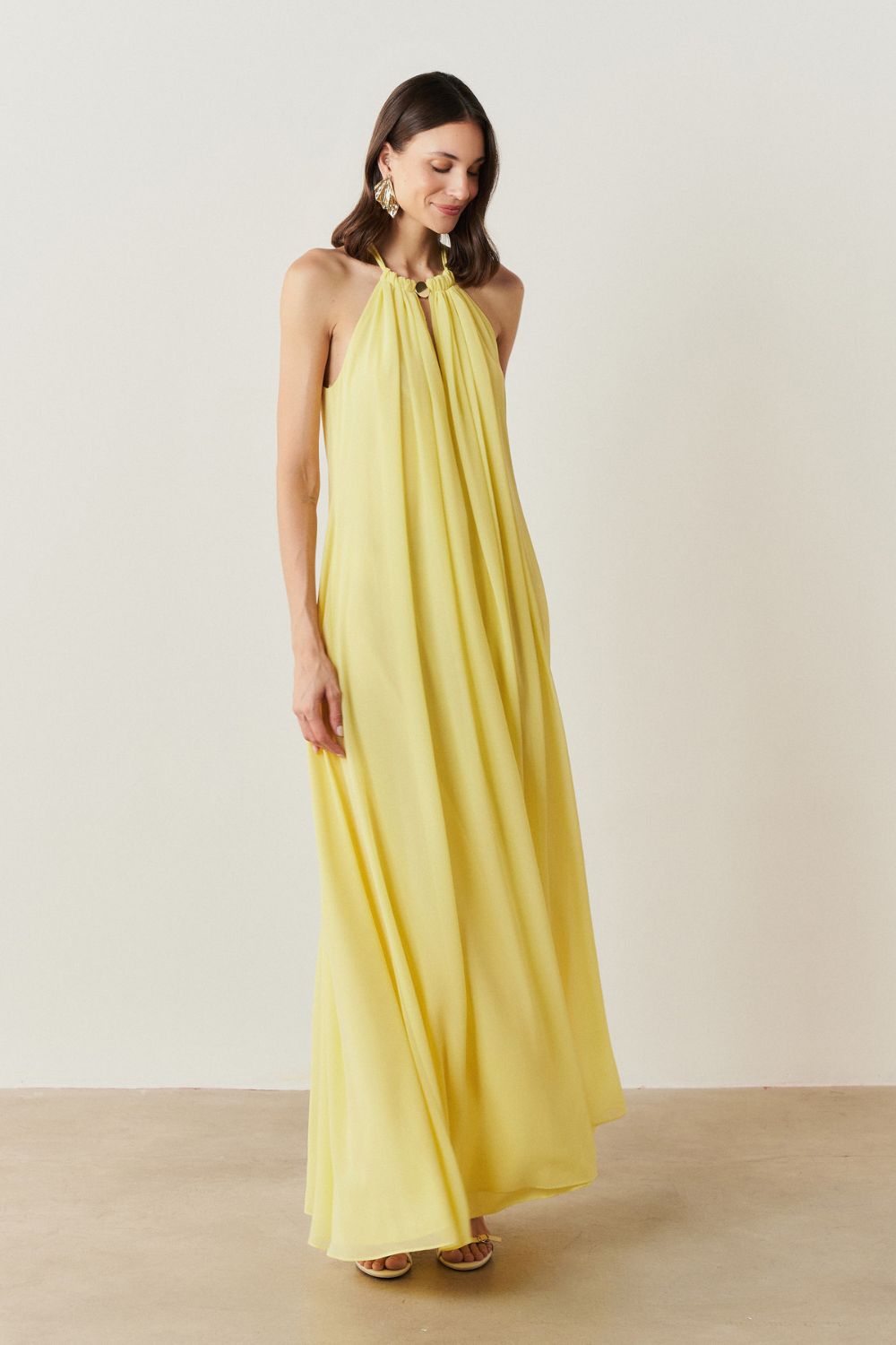 Vestido Longo com Alça Fina Ajustável - Adélia Amarelo