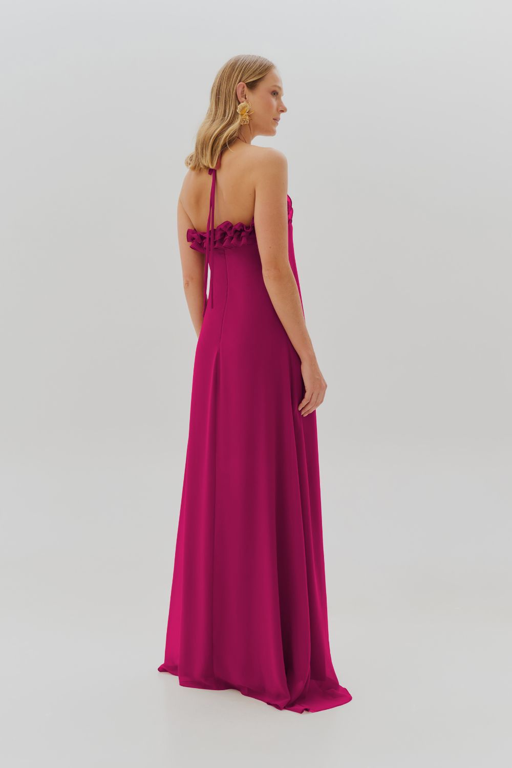 Vestido Longo com Babados no Decote e Amarração - Portugal Fúcsia