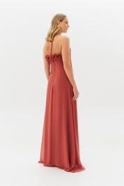 Vestido Longo com Babados no Decote e Amarração - Portugal Terracota