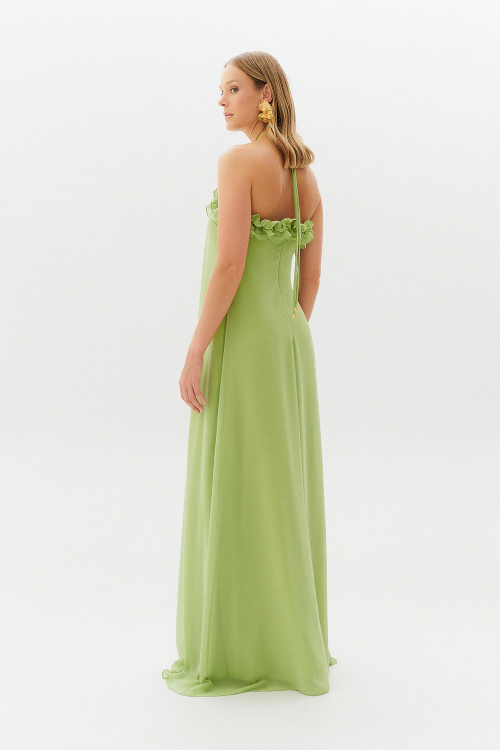 Vestido Longo com Babados no Decote e Amarração - Portugal Verde Matcha