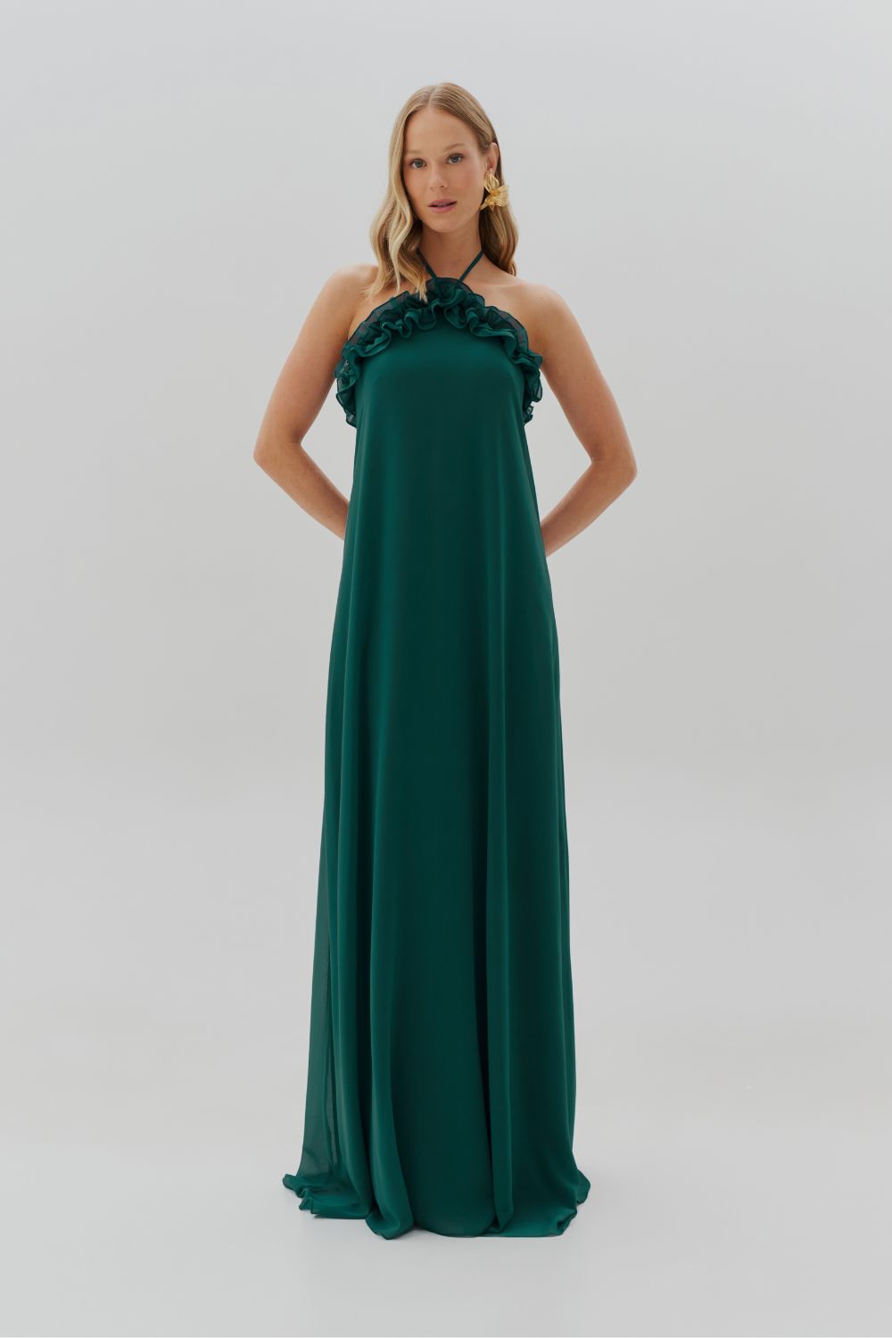 Vestido Longo com Babados no Decote e Amarração - Portugal Verde Petróleo