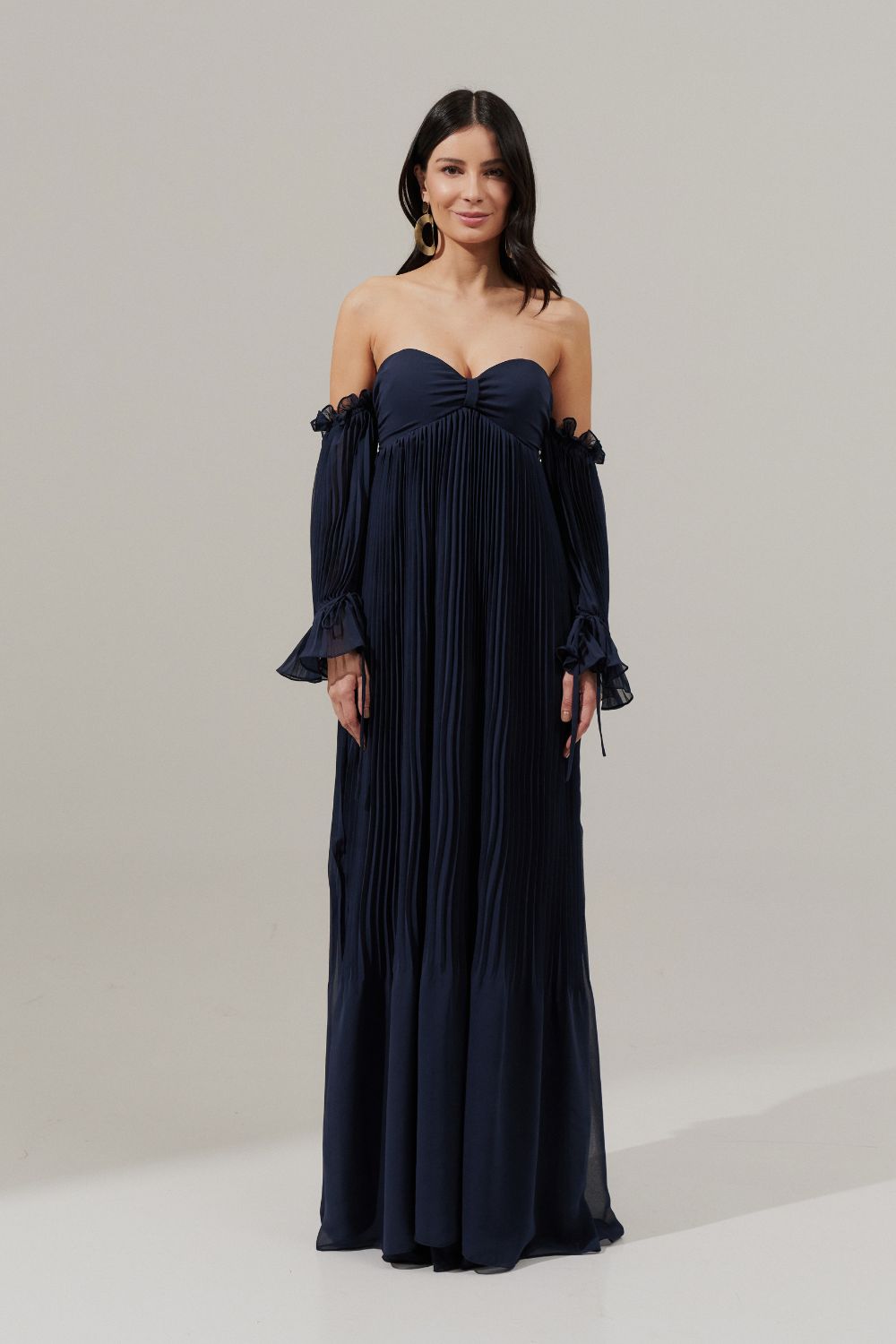 Vestido longo com Busto Coração Franzido e Saia Plissada - Naha Azul Marinho