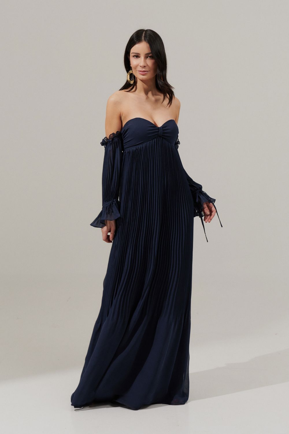 Vestido longo com Busto Coração Franzido e Saia Plissada - Naha Azul Marinho