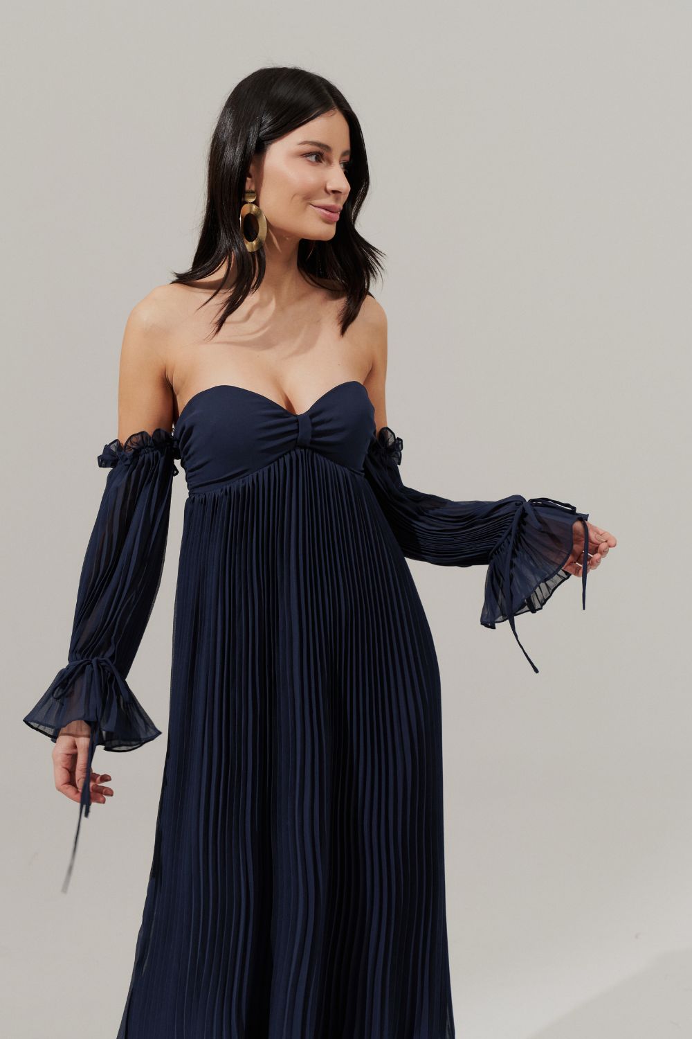 Vestido longo com Busto Coração Franzido e Saia Plissada - Naha Azul Marinho