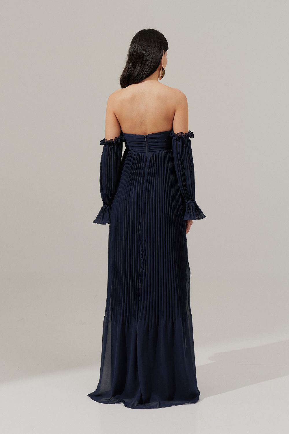 Vestido longo com Busto Coração Franzido e Saia Plissada - Naha Azul Marinho