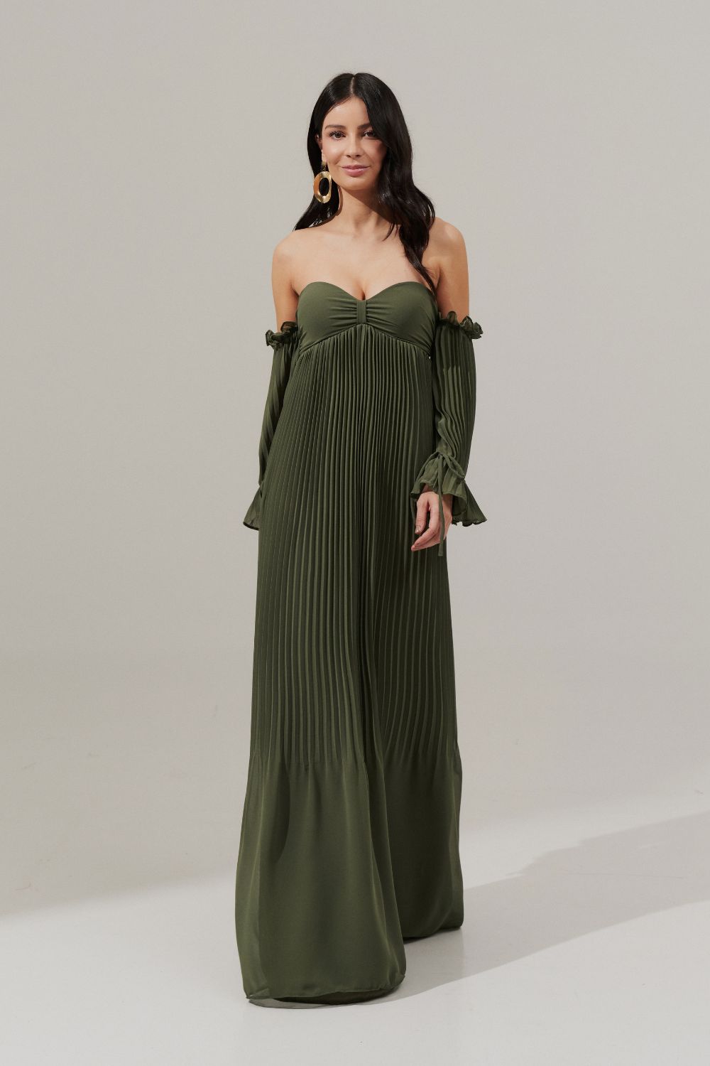 Vestido longo com Busto Coração Franzido e Saia Plissada - Naha Oliva