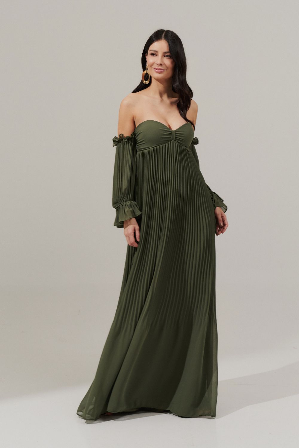 Vestido longo com Busto Coração Franzido e Saia Plissada - Naha Oliva