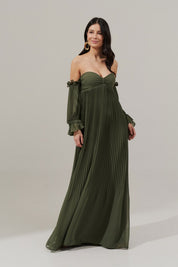Vestido longo com Busto Coração Franzido e Saia Plissada - Naha Oliva