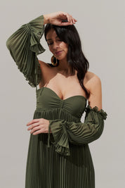 Vestido longo com Busto Coração Franzido e Saia Plissada - Naha Oliva