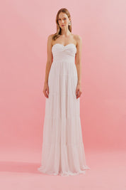 Vestido Longo com Busto Coração, Saia Ampla e Franzida - Quênia Off White