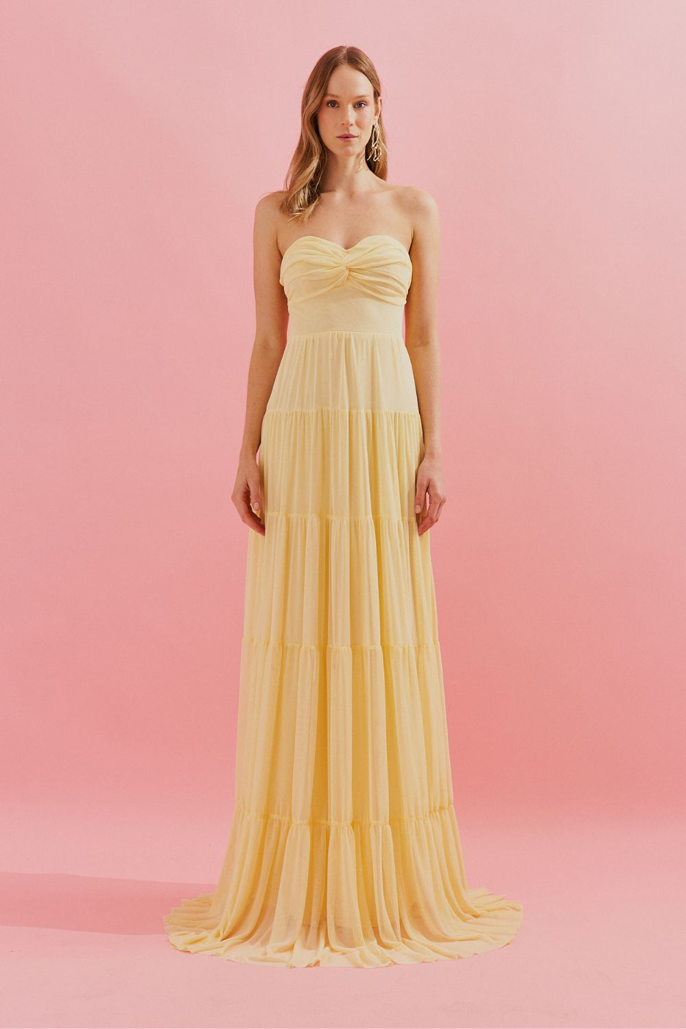 Vestido Longo com Busto Coração, Saia Ampla e Franzida - Quênia Amarelo