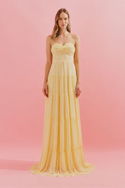 Vestido Longo com Busto Coração, Saia Ampla e Franzida - Quênia Amarelo