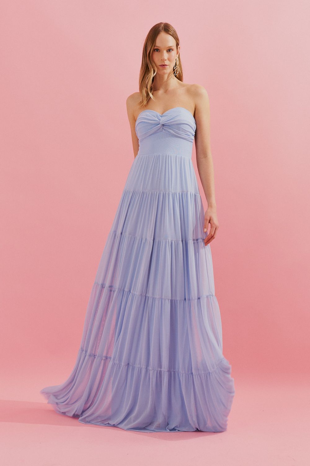 Vestido Longo com Busto Coração, Saia Ampla e Franzida - Quênia Azul Serenity