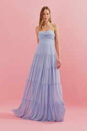 Vestido Longo com Busto Coração, Saia Ampla e Franzida - Quênia Azul Serenity