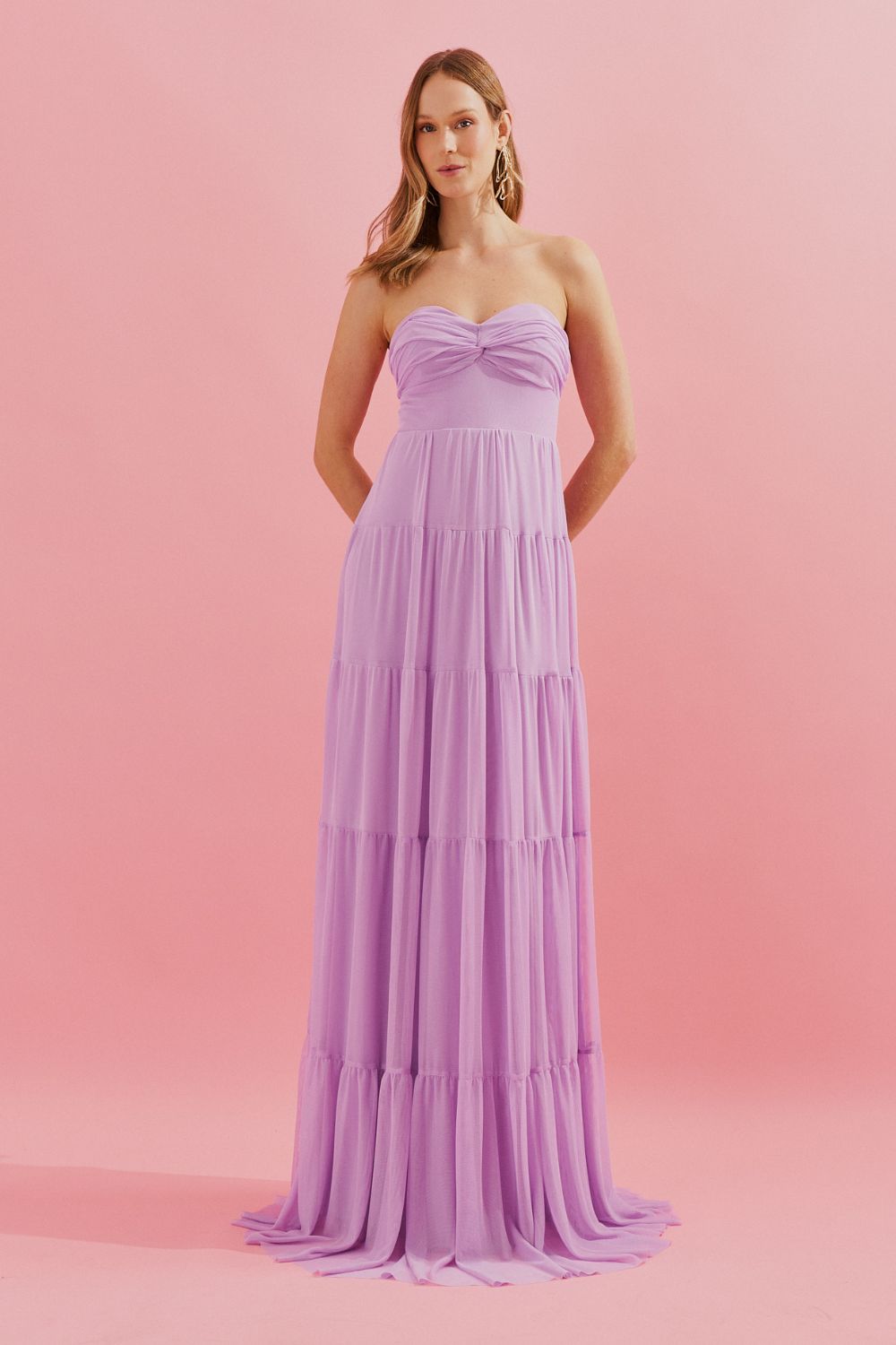 Vestido Longo com Busto Coração, Saia Ampla e Franzida - Quênia Lilás | Lavanda
