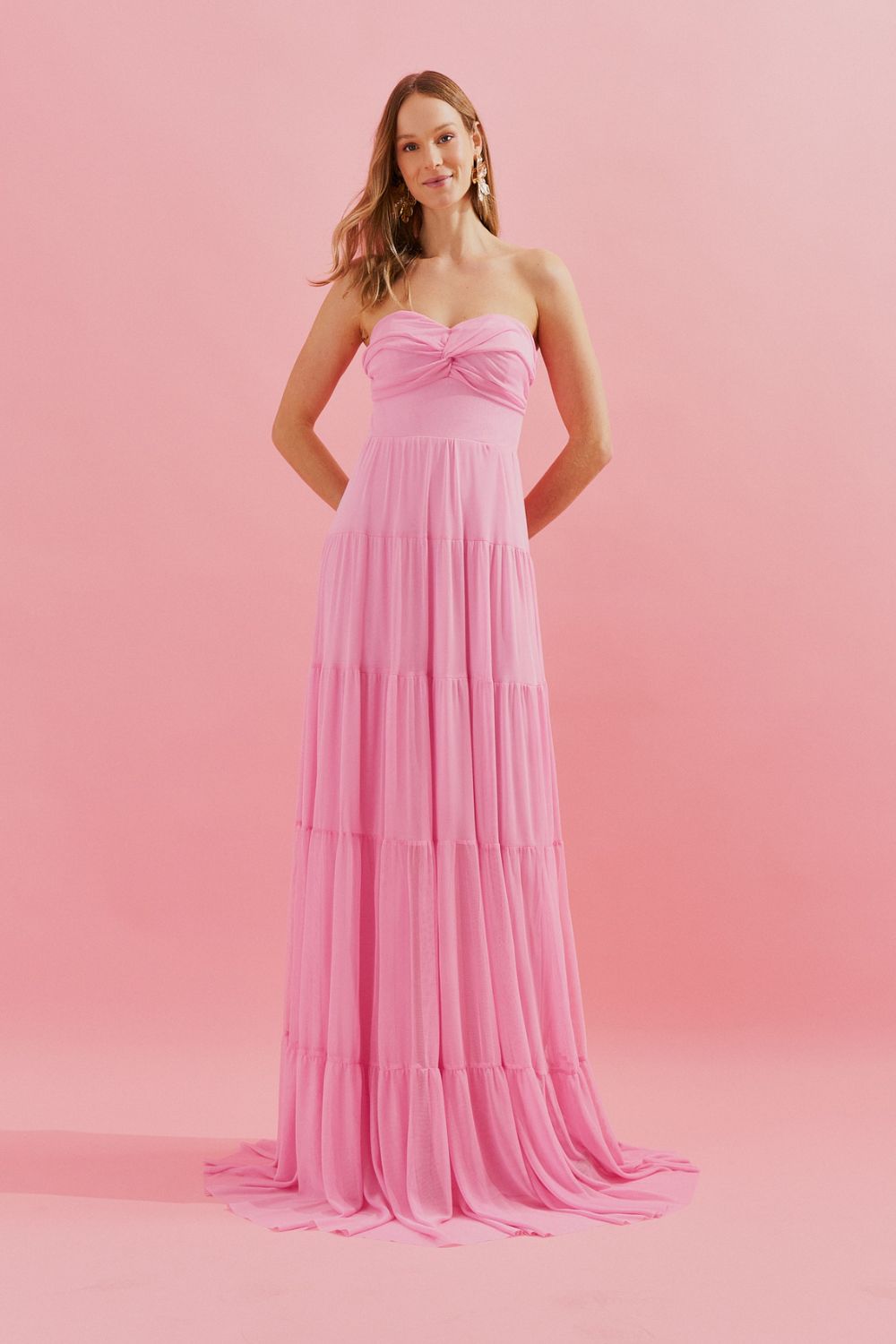 Vestido Longo com Busto Coração, Saia Ampla e Franzida - Quênia Rosa