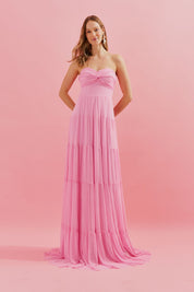 Vestido Longo com Busto Coração, Saia Ampla e Franzida - Quênia Rosa
