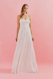Vestido Longo com Busto Coração, Saia Ampla e Franzida - Quênia Off White