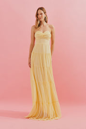 Vestido Longo com Busto Coração, Saia Ampla e Franzida - Quênia Amarelo