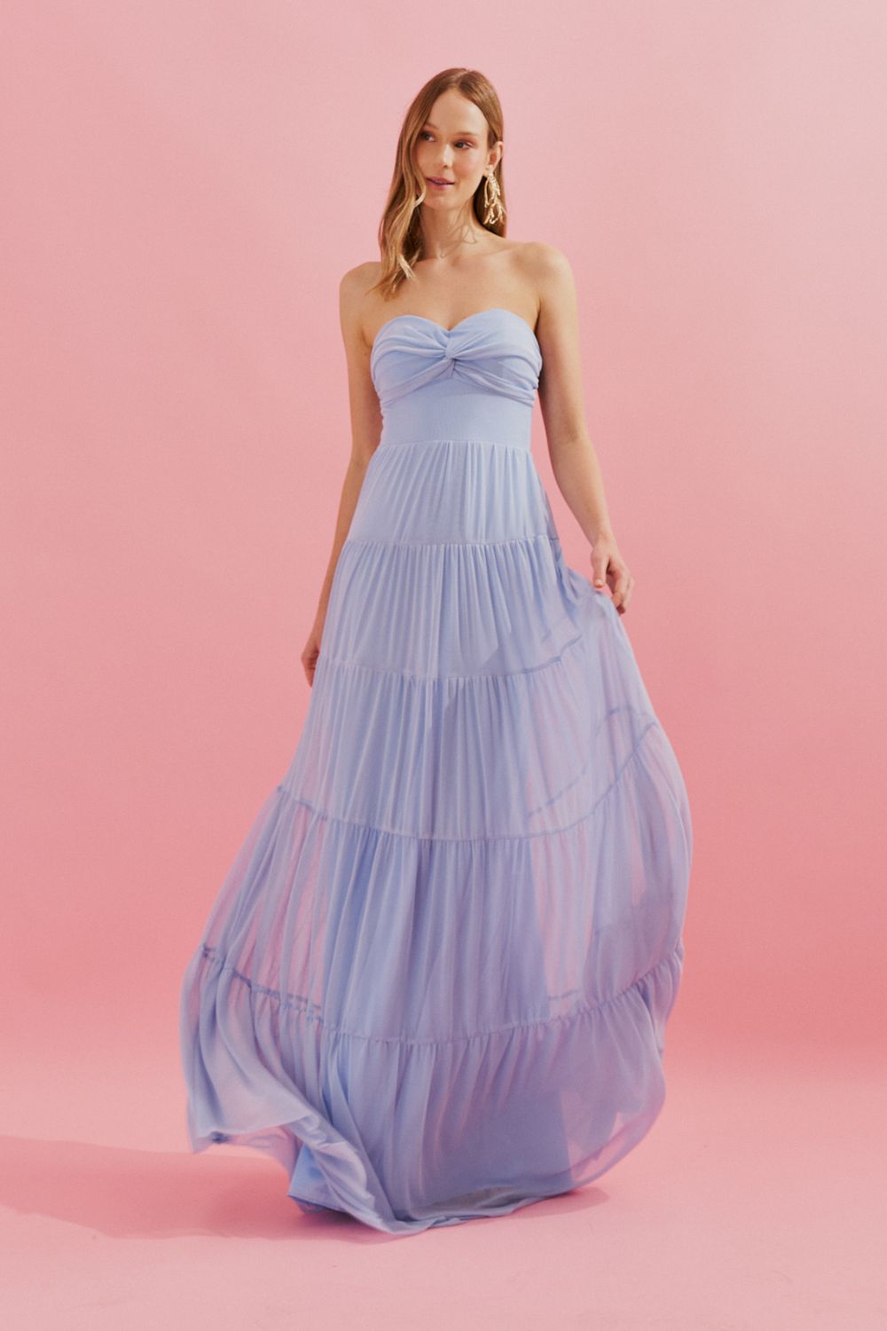 Vestido Longo com Busto Coração, Saia Ampla e Franzida - Quênia Azul Serenity