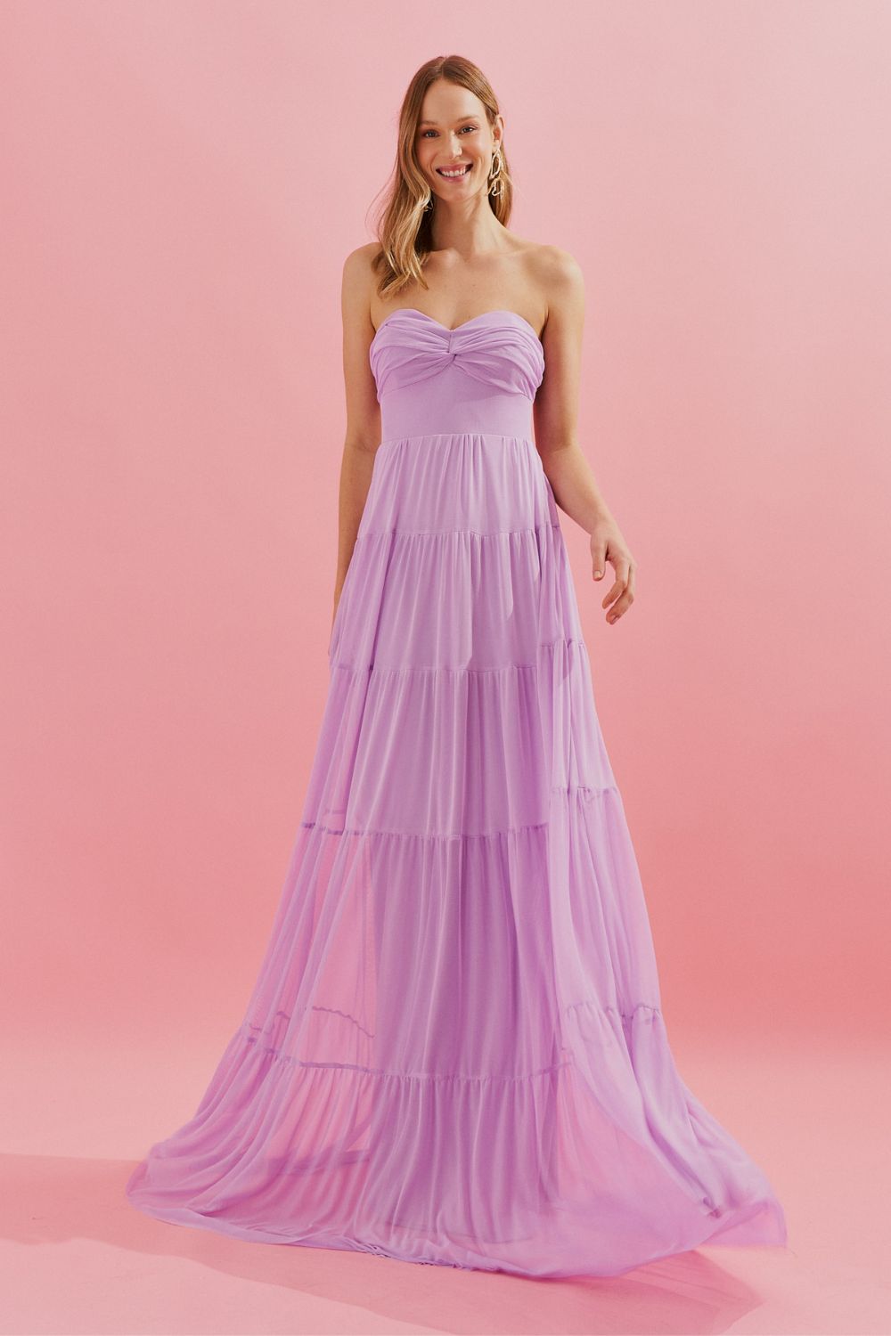 Vestido Longo com Busto Coração, Saia Ampla e Franzida - Quênia Lilás | Lavanda