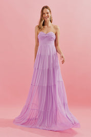 Vestido Longo com Busto Coração, Saia Ampla e Franzida - Quênia Lilás | Lavanda