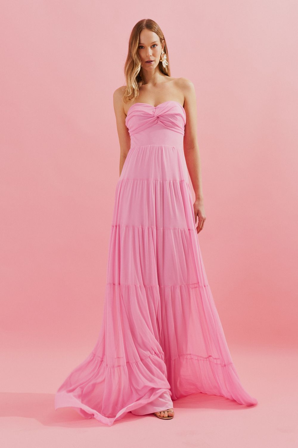 Vestido Longo com Busto Coração, Saia Ampla e Franzida - Quênia Rosa