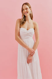 Vestido Longo com Busto Coração, Saia Ampla e Franzida - Quênia Off White