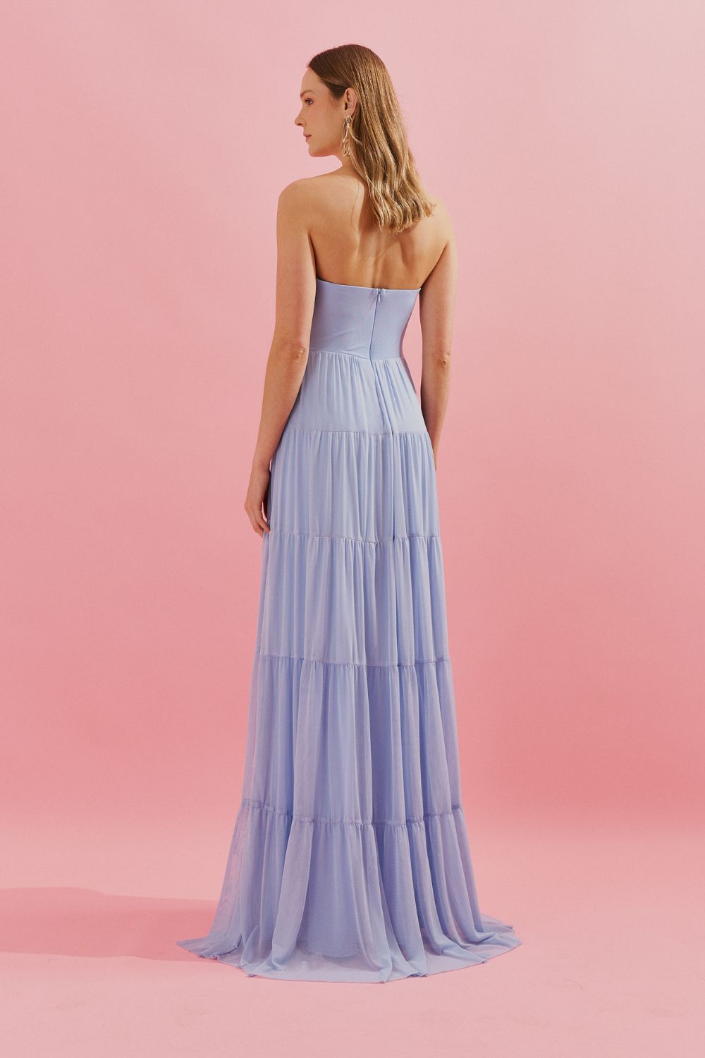 Vestido Longo com Busto Coração, Saia Ampla e Franzida - Quênia Azul Serenity