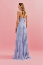 Vestido Longo com Busto Coração, Saia Ampla e Franzida - Quênia Azul Serenity
