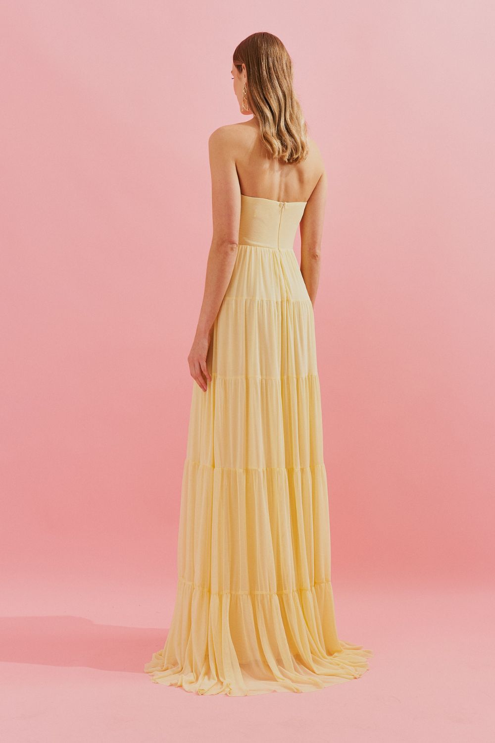 Vestido Longo com Busto Coração, Saia Ampla e Franzida - Quênia Amarelo